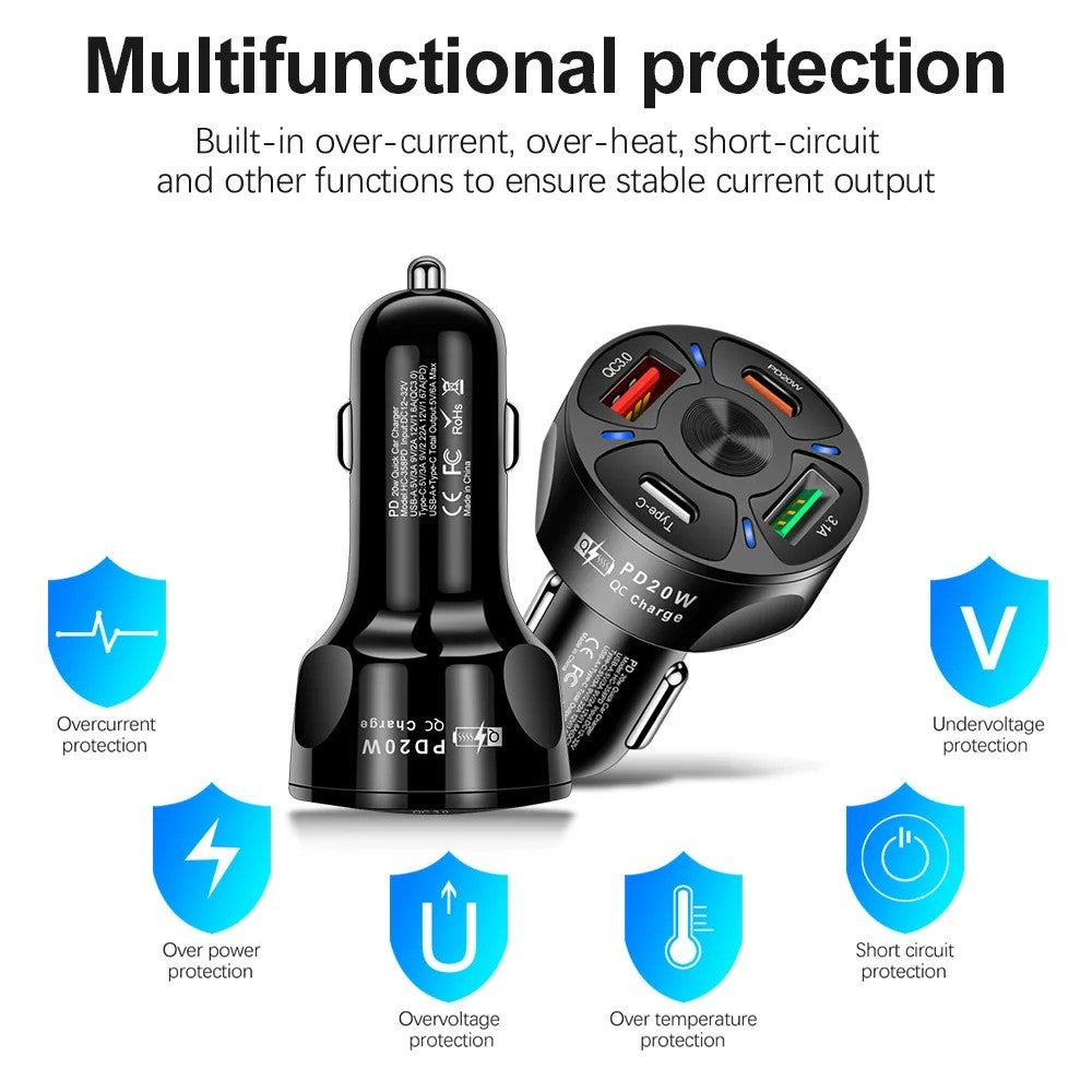 Fast PD PPS Car Charger 4-Port USB C Quick Charge 3.0 Universal Adapter