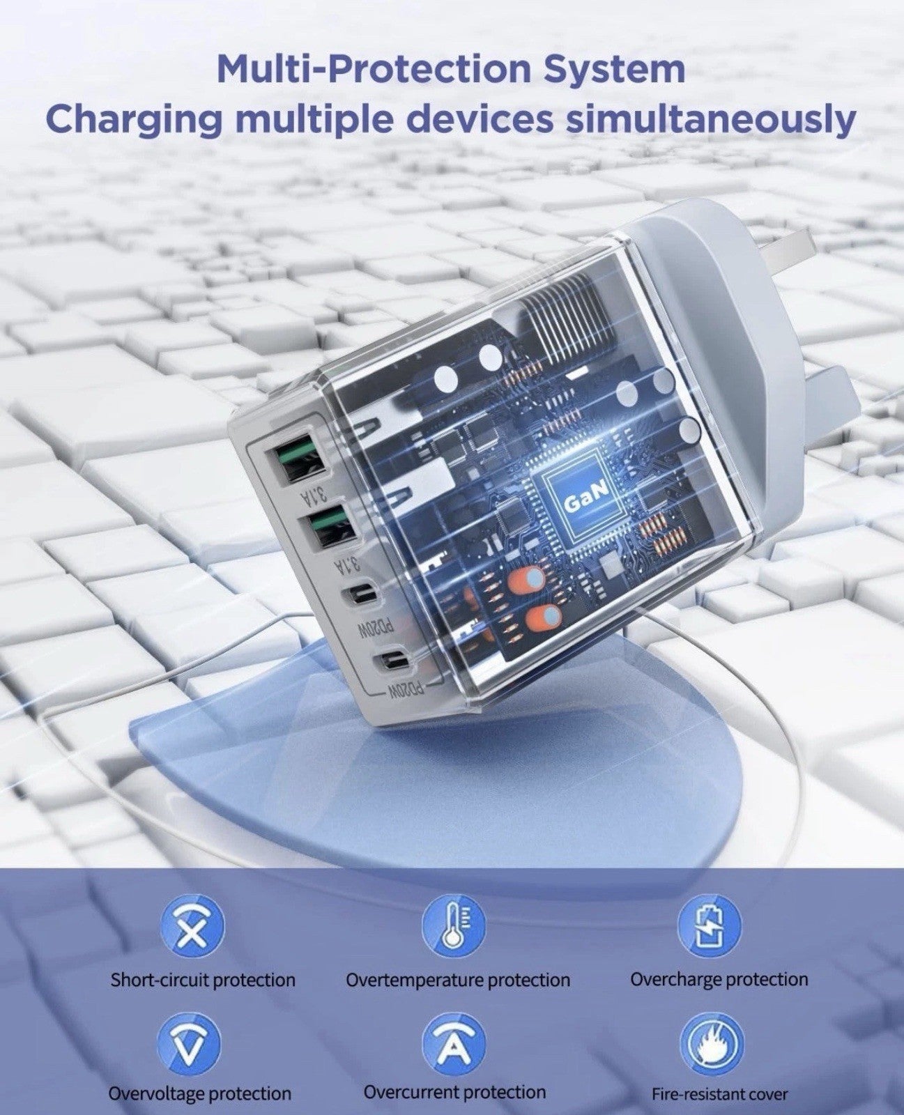 USB C Plug Fast Charge, 40W 4-Port PD Charger Plug Fast Charging UK with 6FT/2M
