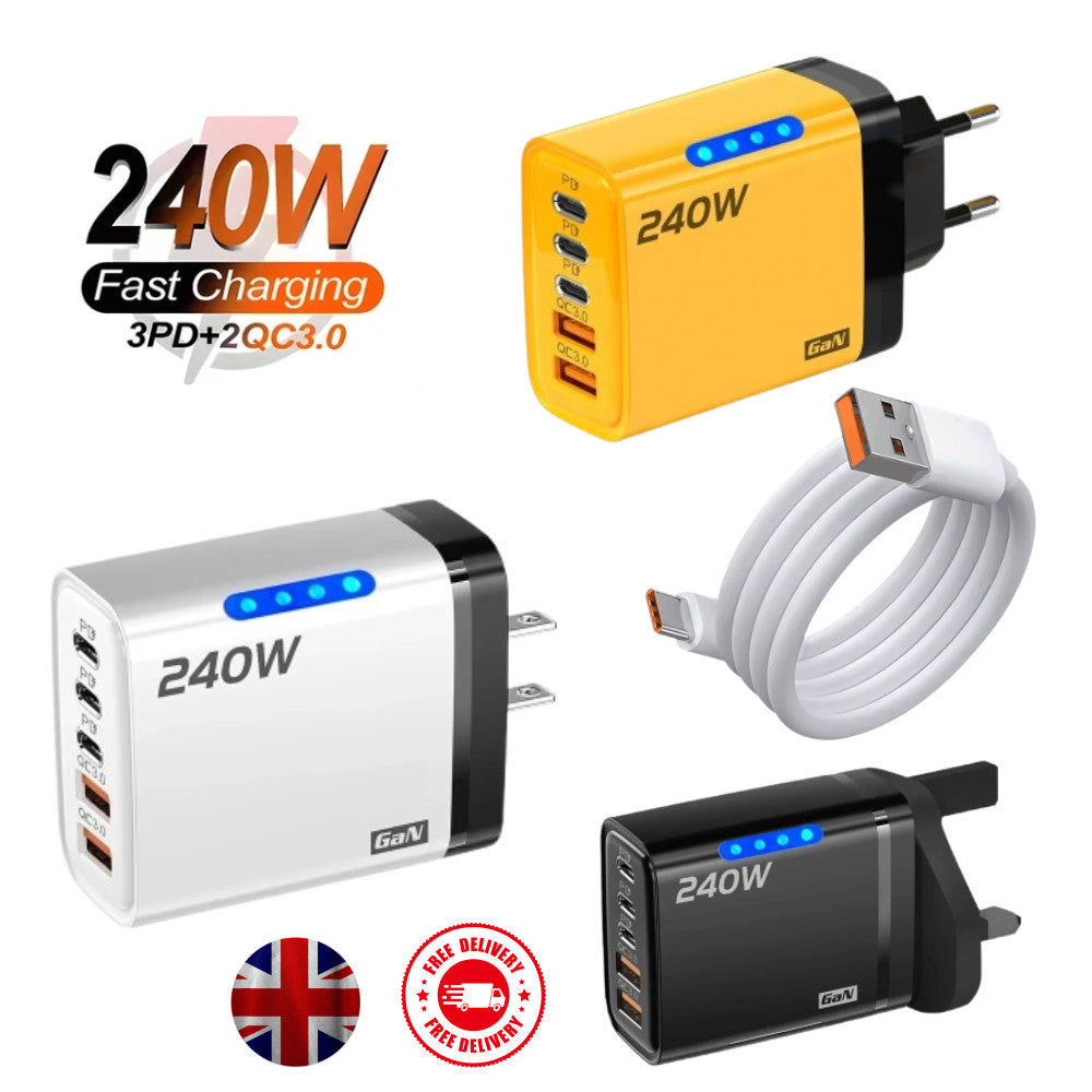240W Quick Charger UK Plug Fast Wall Charger Power Adapter 5 Port USB PD Type C