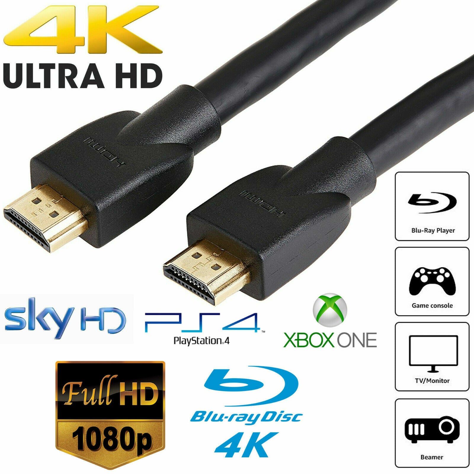 HDMI CABLE HIGH SPEED LEAD HDTV ULTRA UHD 1M 2M 3M 5M 7M 10M 15M PREMIUM 4K 2.0