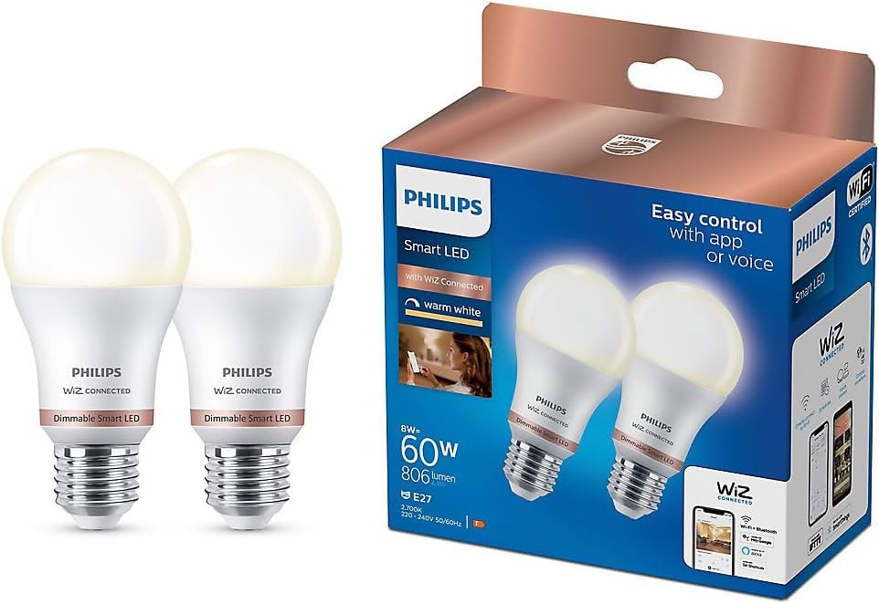 Philips Wiz Connected E27 Screw Cap Warm White Alexa Google - 2 Pack