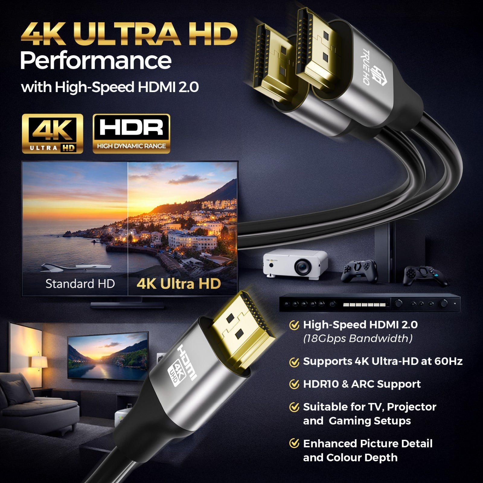 4K HDMI Cable 2.0 Ultra HD High Speed 1m/2m/3m/5m/7m/10m/15m/20m Metre Long Lead