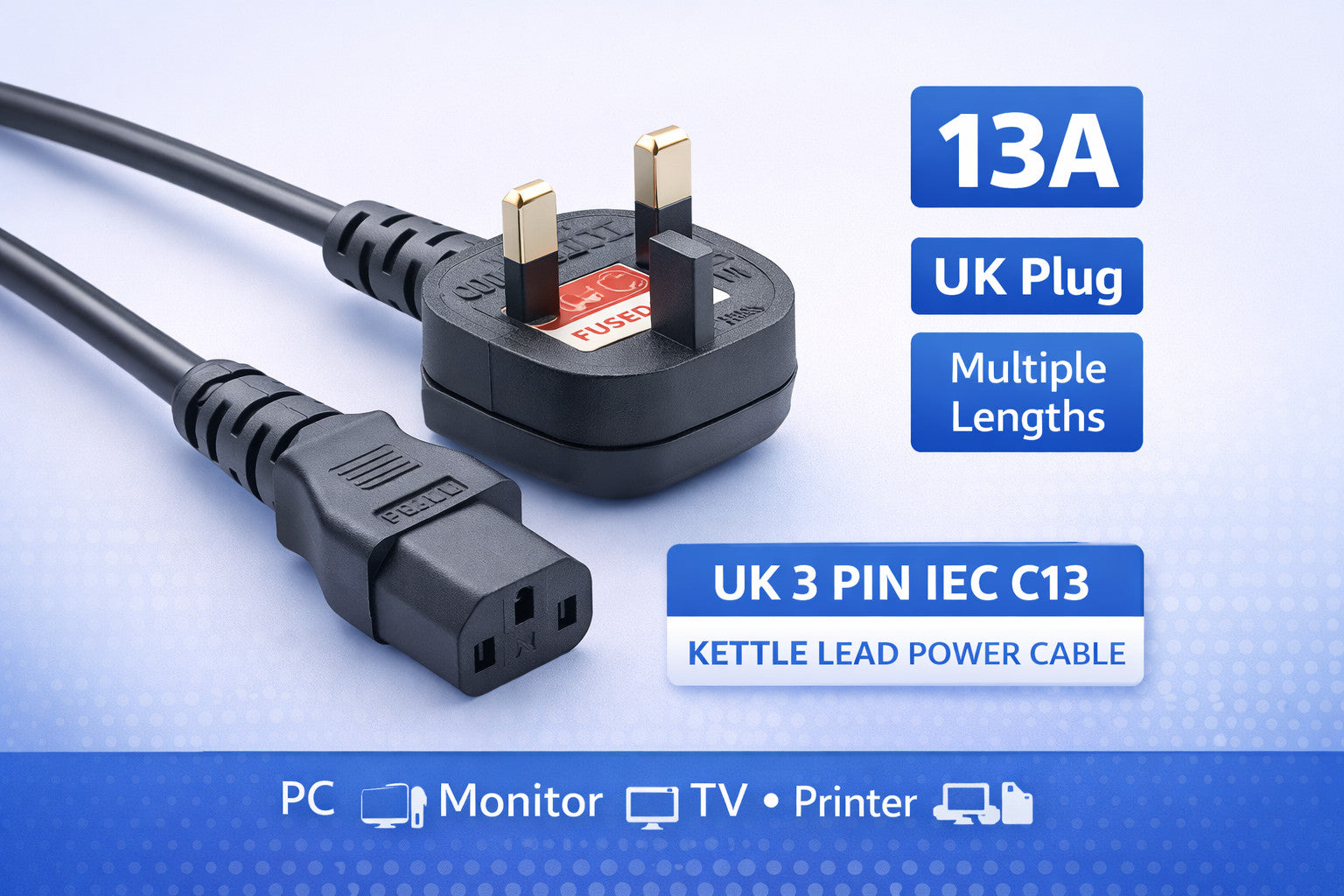 UK 3 Pin IEC C13 Kettle Lead Power Cable 13A for PC Monitor TV Printer 0.5m–10m