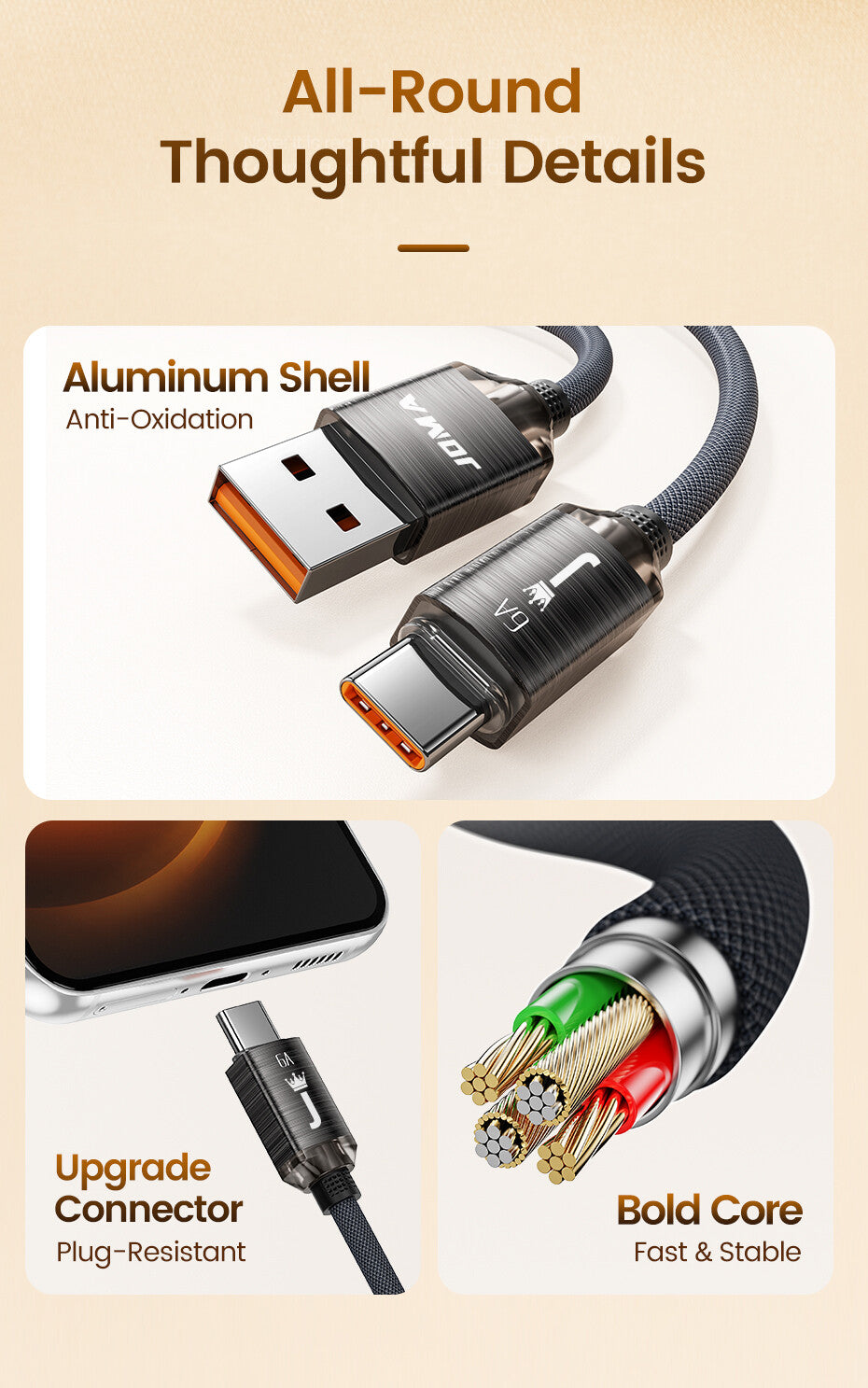 USB A to Type C Cable 6A 66W Fast Charger Braided Long Lead 0.25M 1M 2M 3M