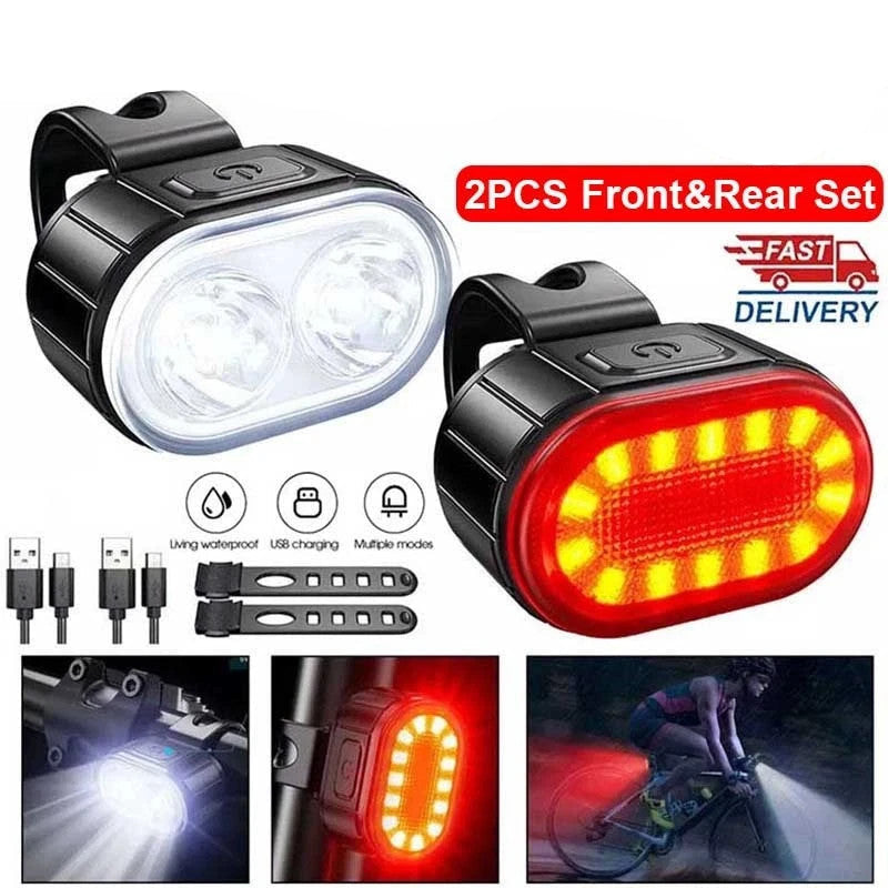 Bicycle lights set with front and rear lights, USB charging cable, and UK seller badge.