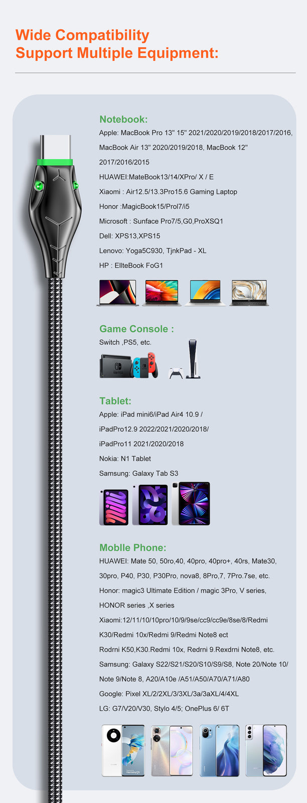 Type C to Type C Cable PD 60W Fast Charger Braided Long USB Lead LED For Samsung