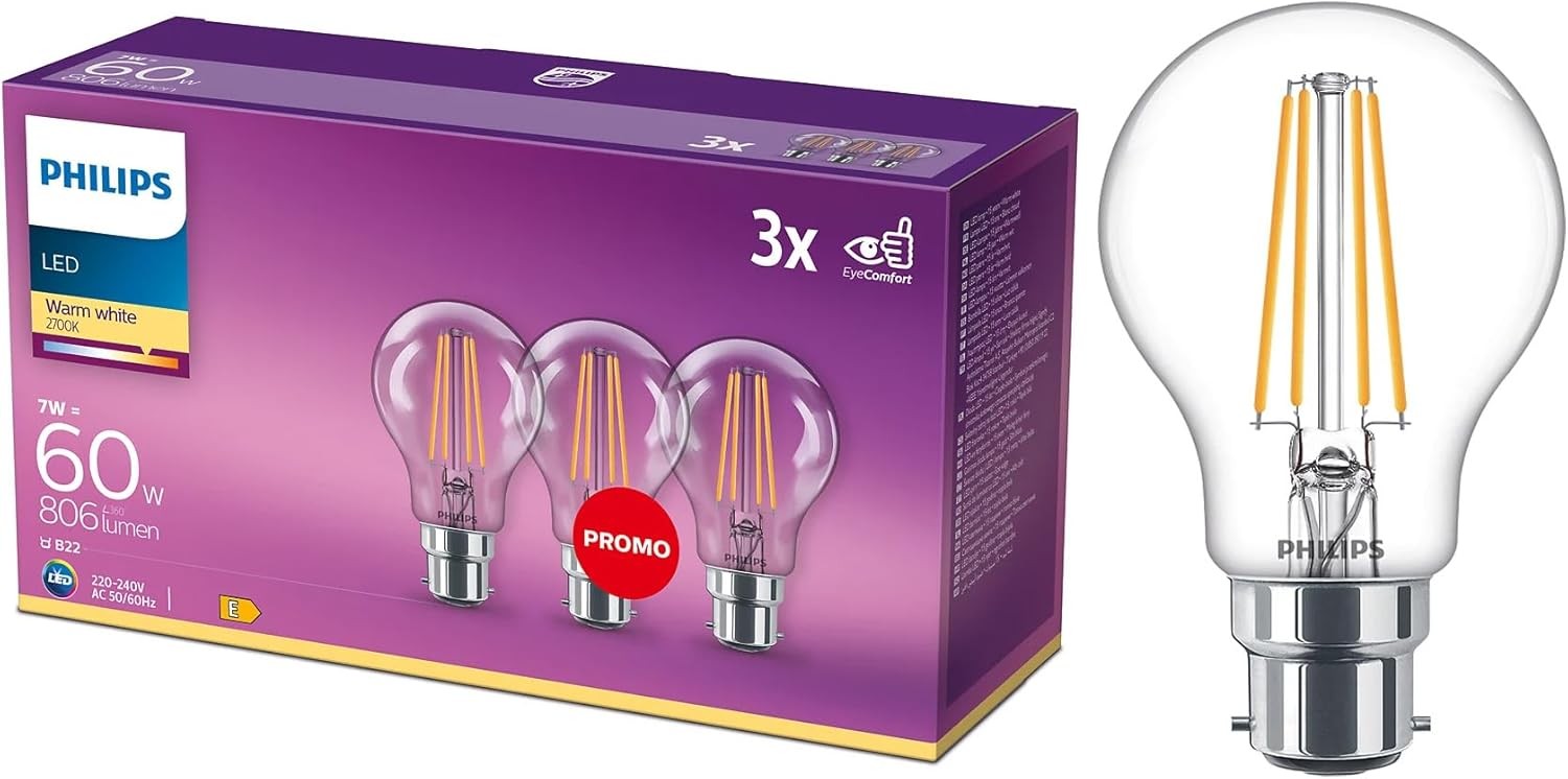 Philips B22 Clear Filament LED Bulbs 7W 806 Lumens Warm White 2700K 3 Pack