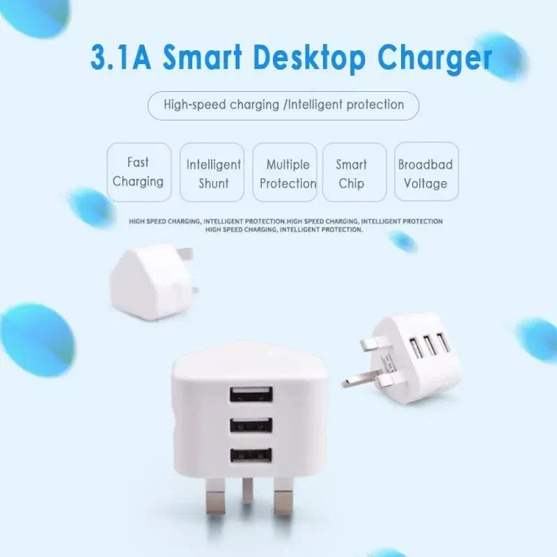 UK 3 Pin Dual USB Plug Adapter Mains Wall Charger 1/2/3-Port For Phones Tablet