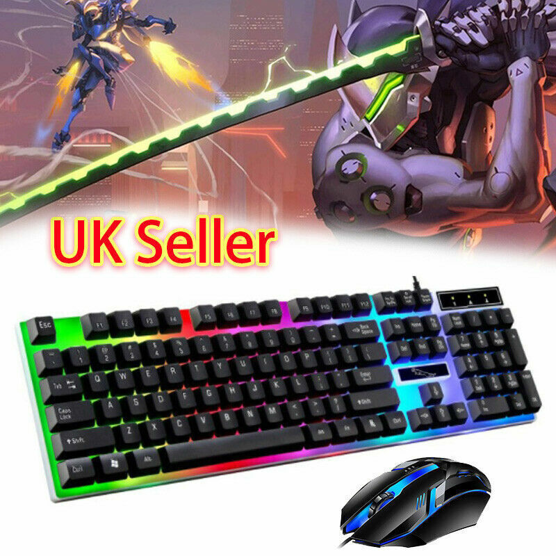 Gaming Keyboard Mouse Set USB Rainbow RGB LED Wired For PC Laptop PS5 Xbox One