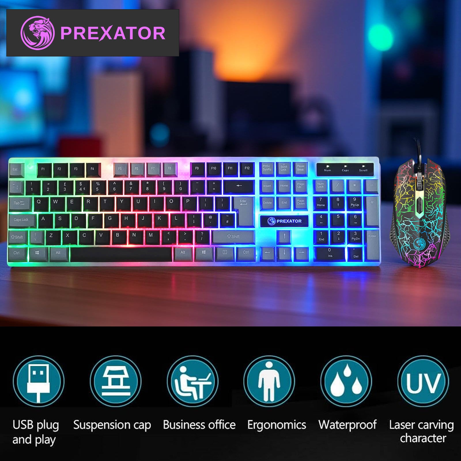 LED Gaming Keyboard And Mouse Set Rainbow RGB USB Wired UK PC PS4 PS5 XBOX ONE