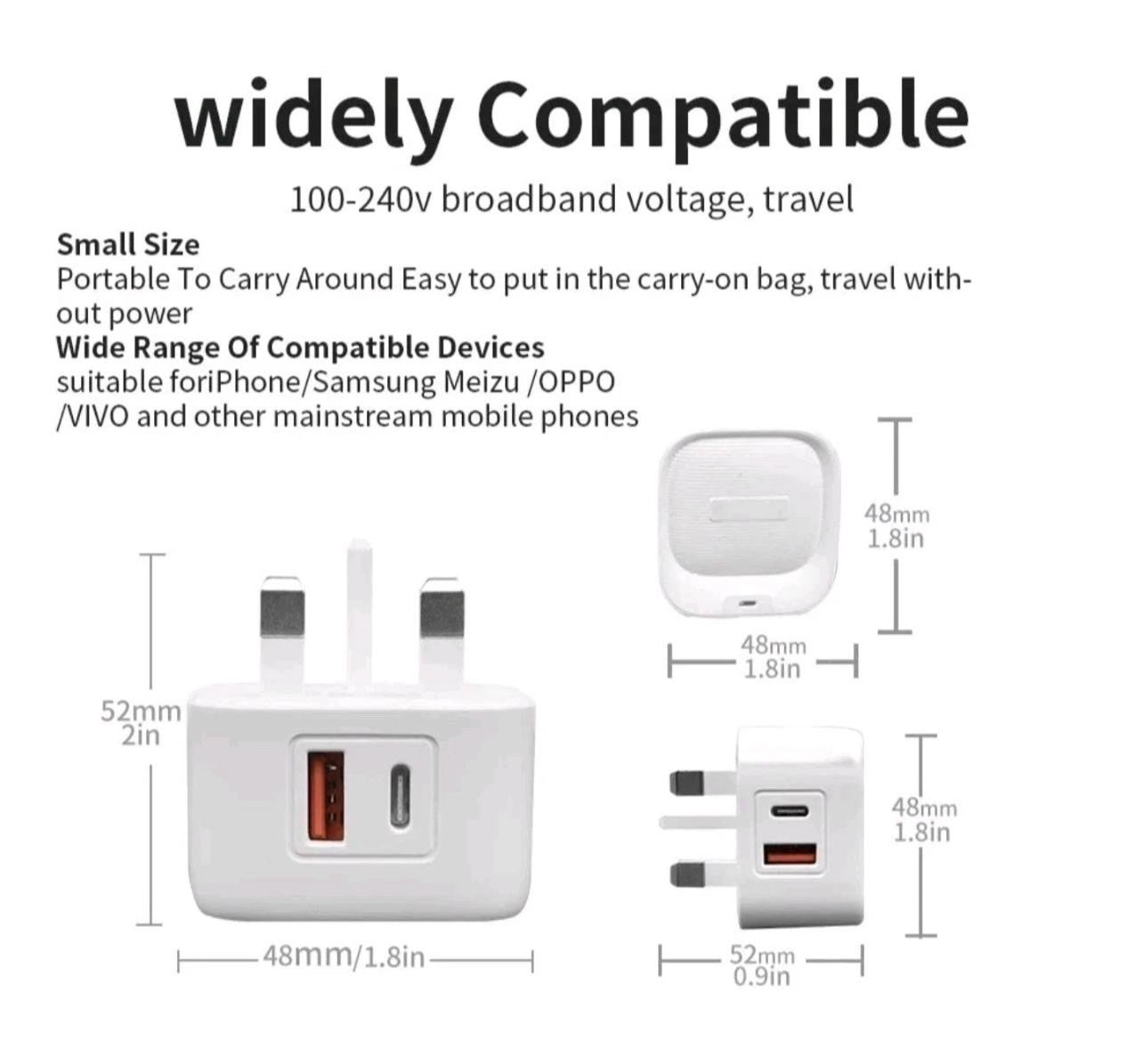 Fast Charging Dual Port Plug 20W - Type C & USB A Charger Adapter for UK Device