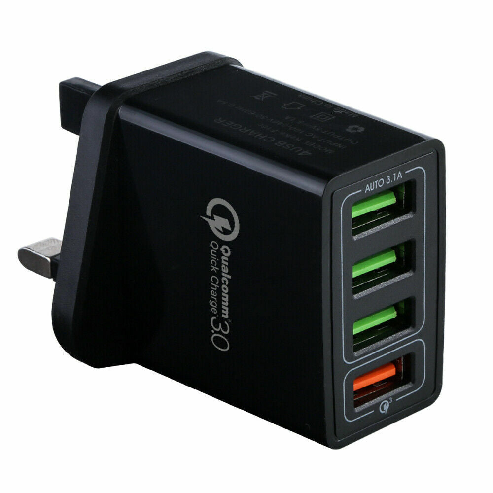 PowerPro Quick Charge 3.0 4x Multi USB Fast UK Plug Wall Charger Up to 3x faster