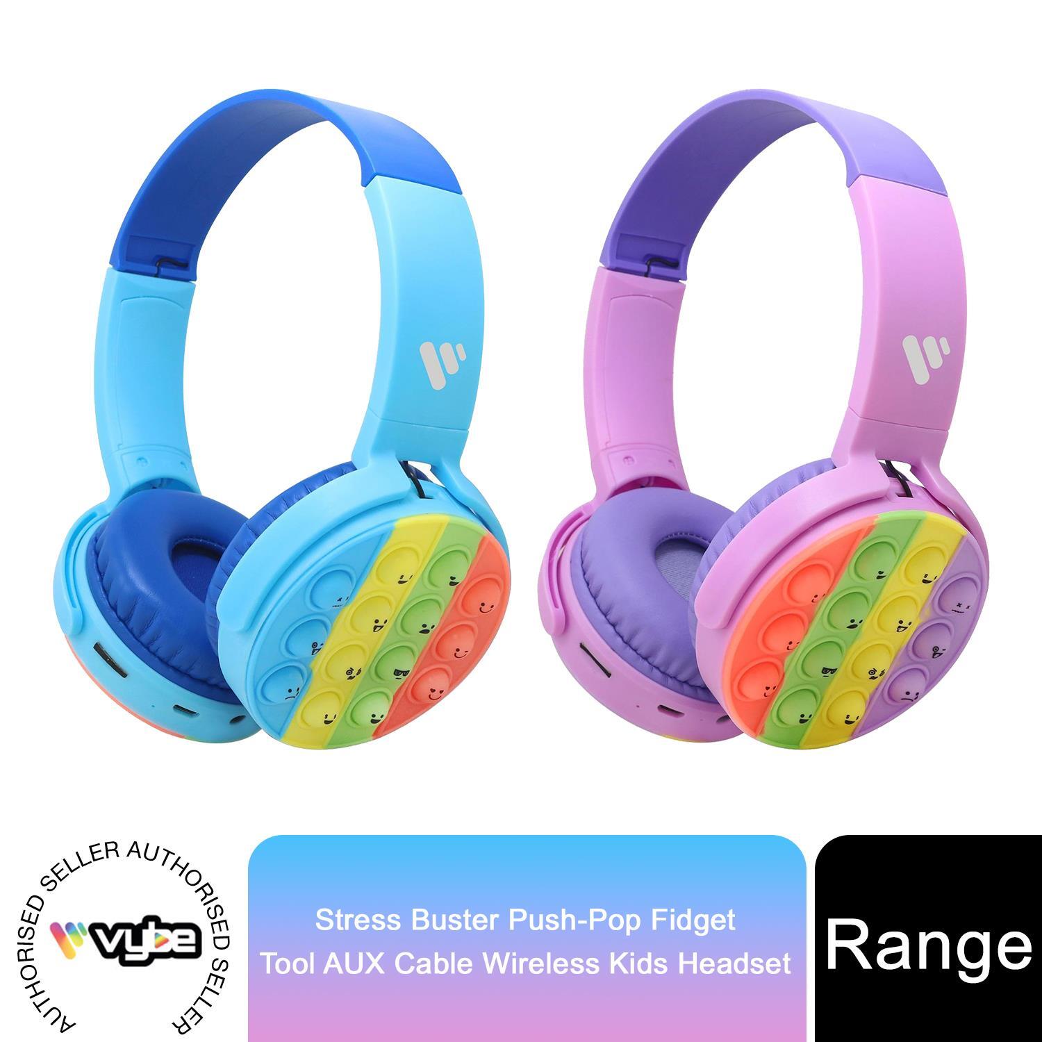 Vybe Kids Wireless Headphones with Push-Pop Fidget Stress Buster Blue or Purple