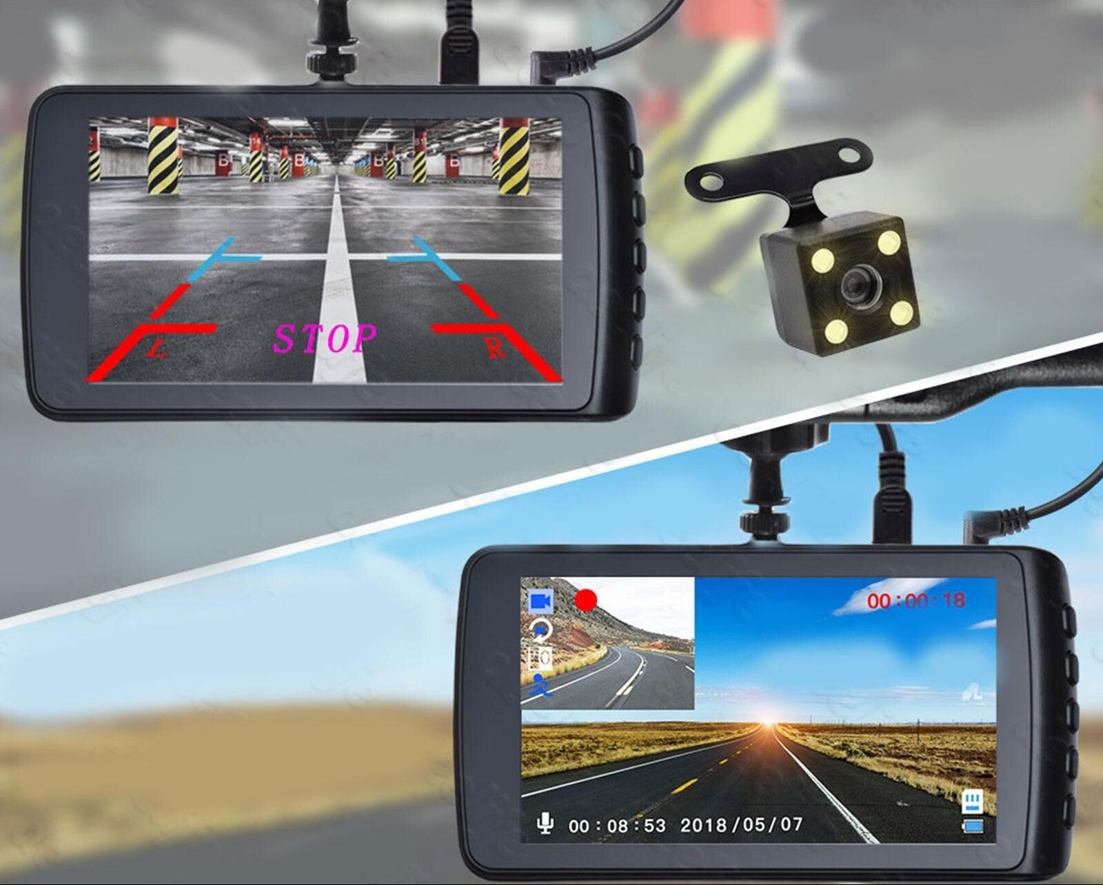 Dual camera recording support system with reversing auxiliary line display on a vehicle dashboard.