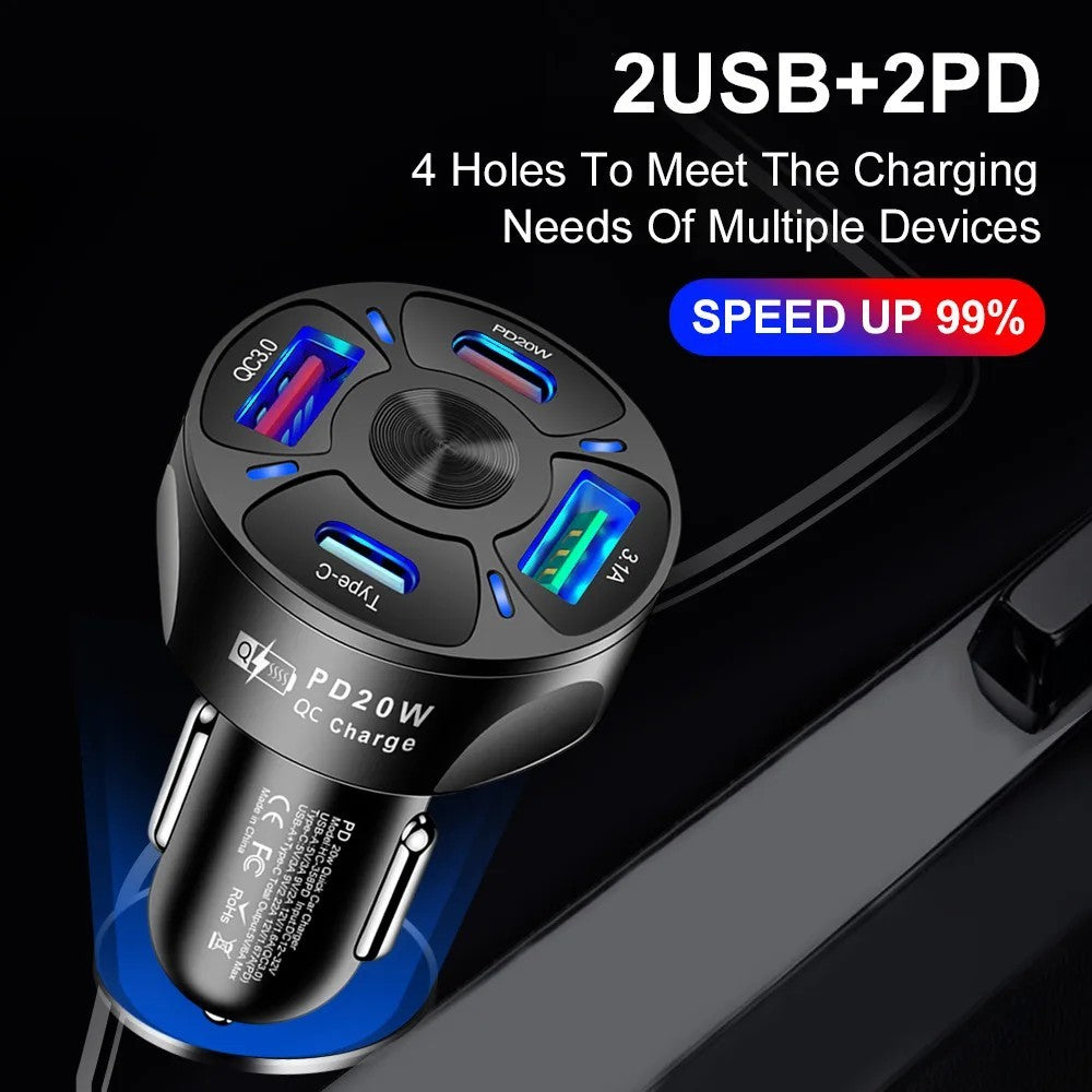 Fast PD PPS Car Charger 4-Port USB C Quick Charge 3.0 Universal Adapter