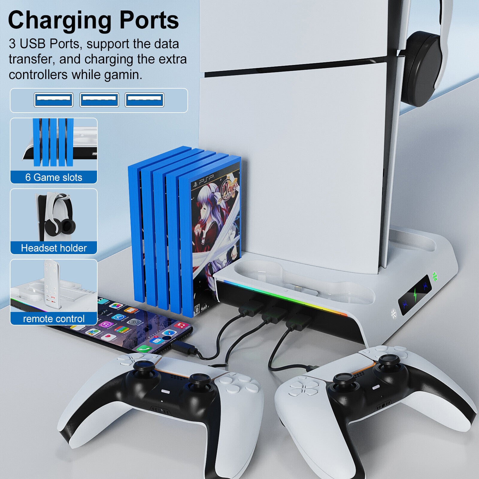 Vertical Cooling Fan Stand Dock Controller Charger Station For PS5