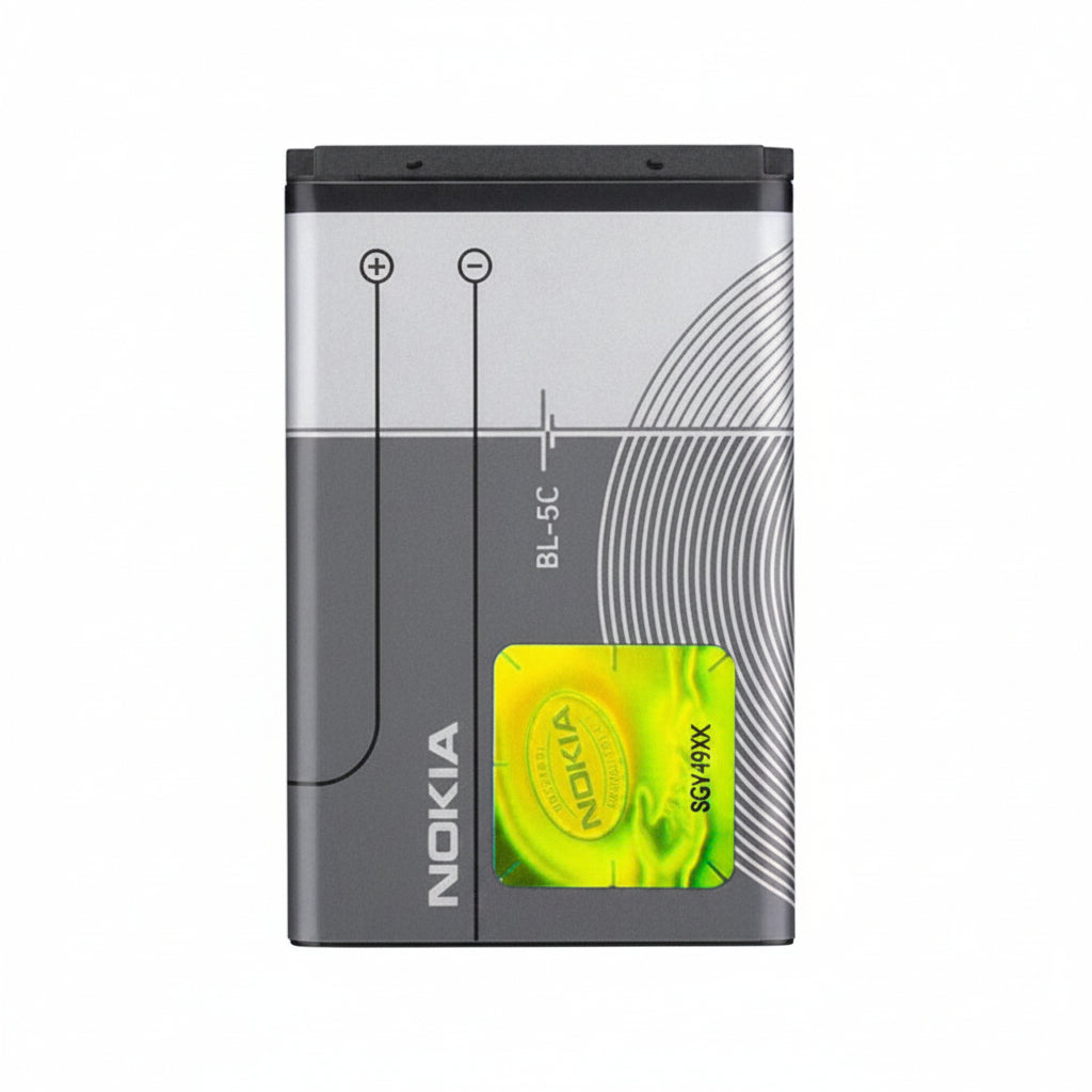 A Nokia BL-5C replacement battery with a gray and silver design, featuring a bright green and yellow reflective sticker on the lower right.