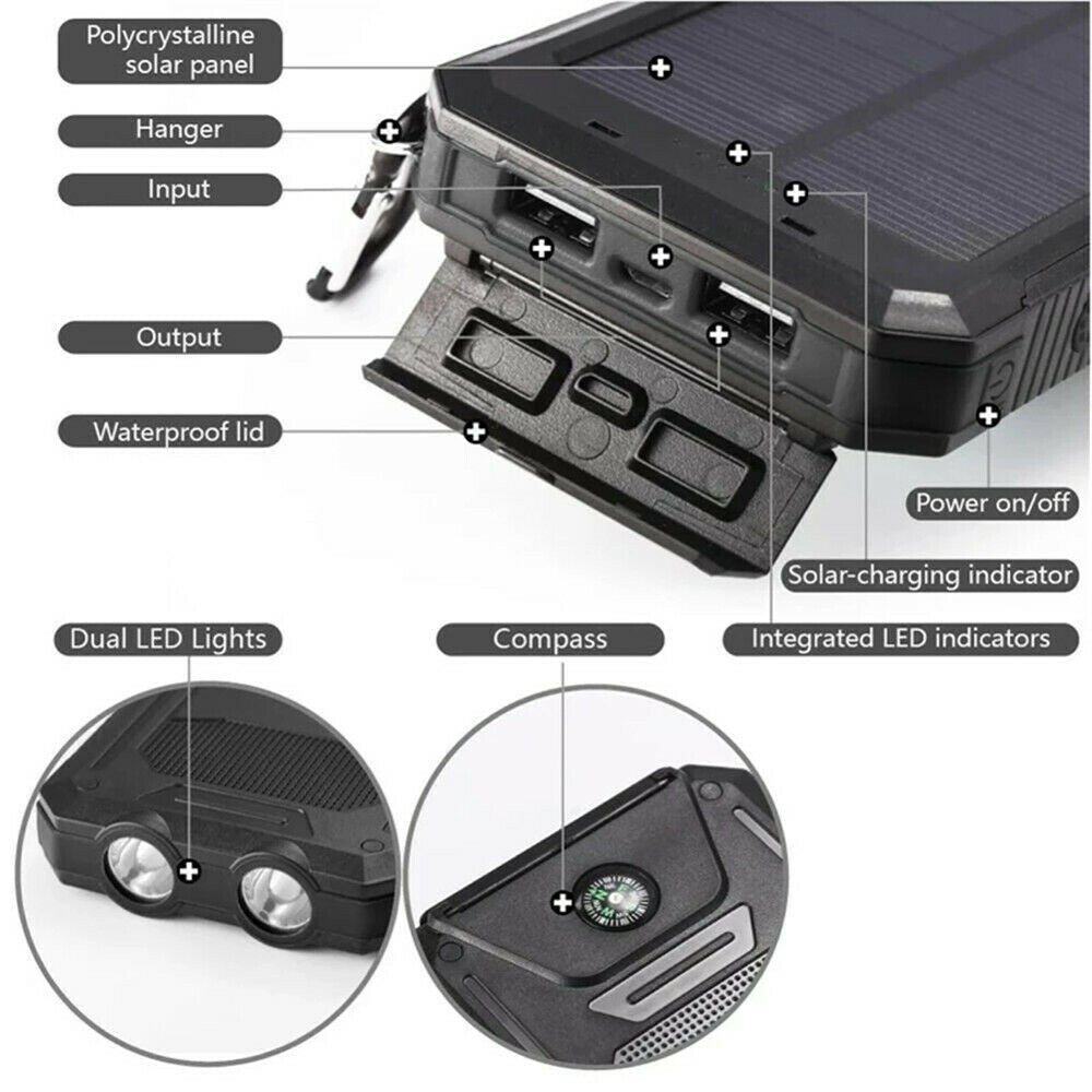 Portable 9000000mah Solar Power Bank Pack USB LED Pack Battery Charger For Phone