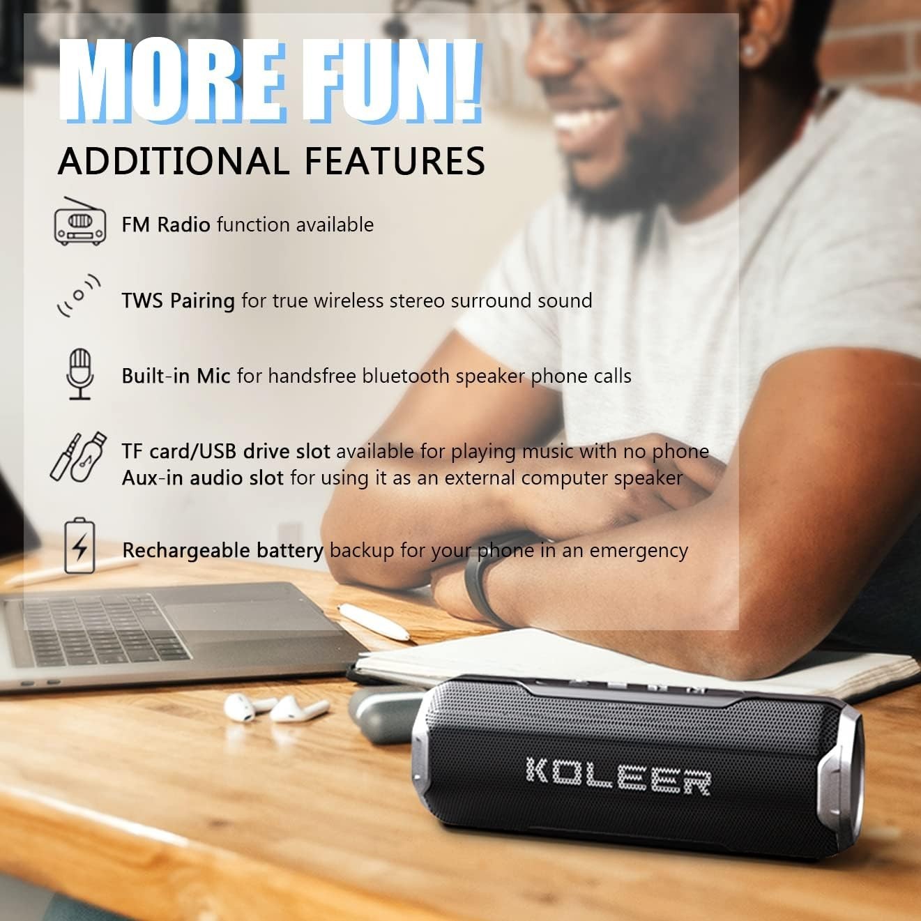 KOLEER Bluetooth Speaker Wireless Portable Stereo Sound Extra Bass 30H Playtime