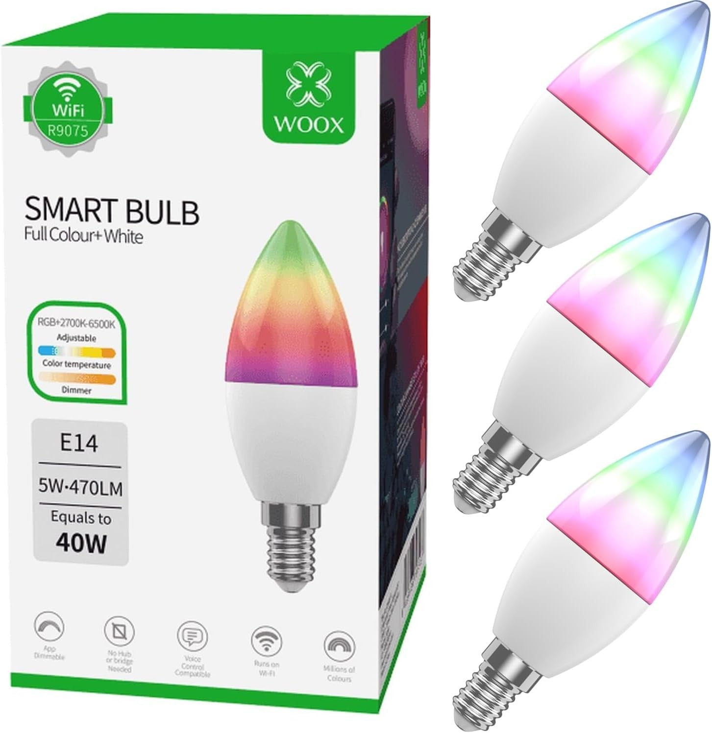 Smart E14 Candle Light Bulbs 3 Pack, WiFi Colour Changing, Alexa Compatible Woox