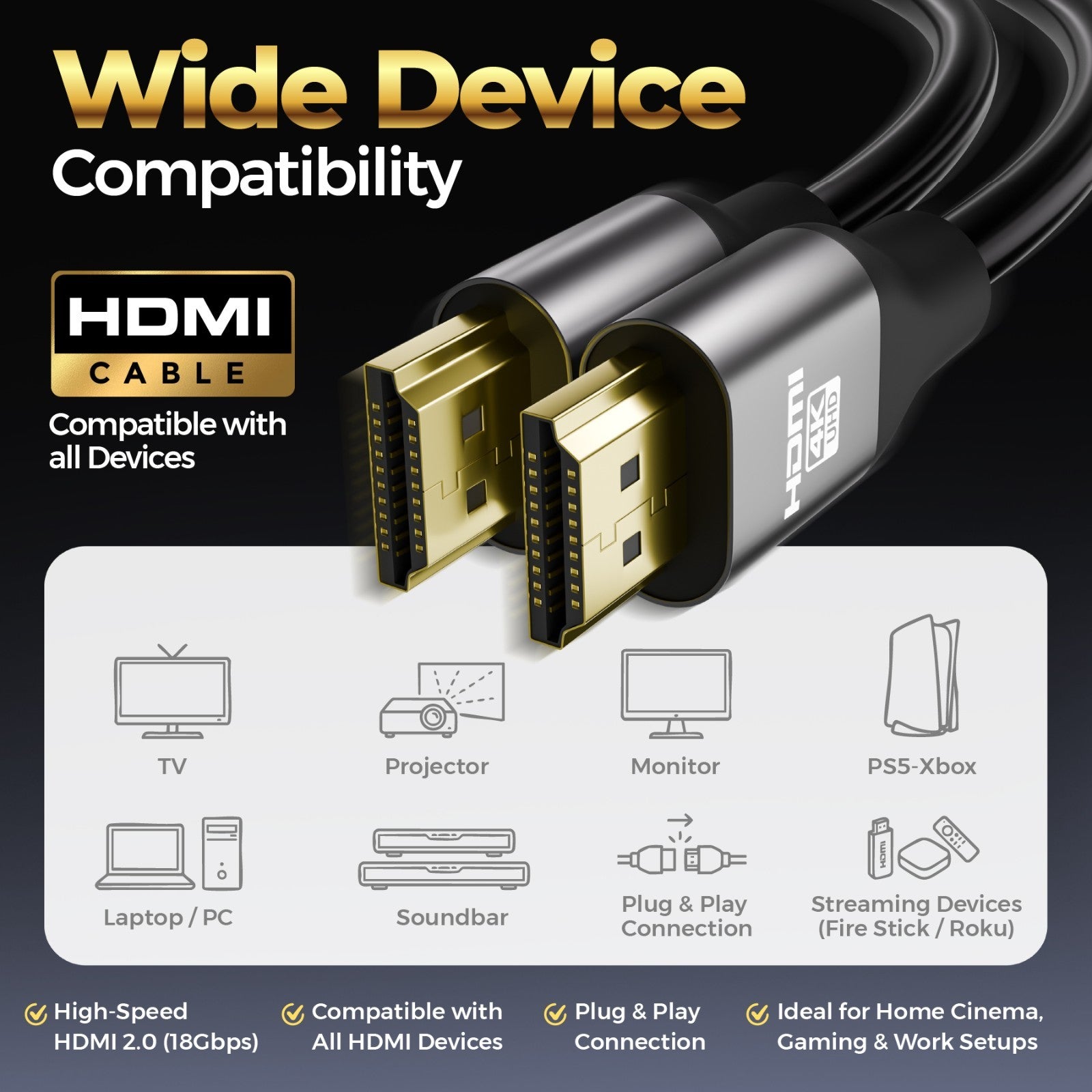 4K HDMI Cable 2.0 Ultra HD High Speed 1m/2m/3m/5m/7m/10m/15m/20m Metre Long Lead