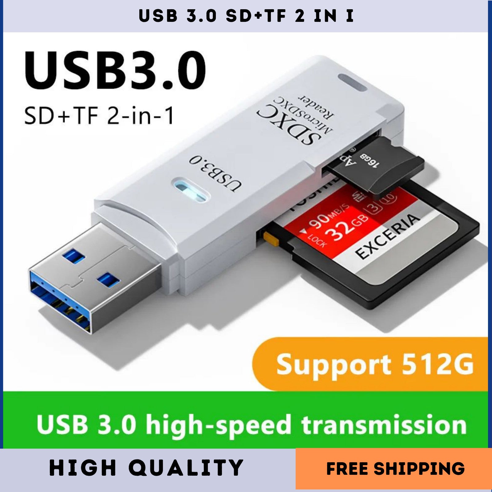 2 in 1 USB 3.0 Card Reader Micro TF SD card Reader USB adapter High Speed Reader