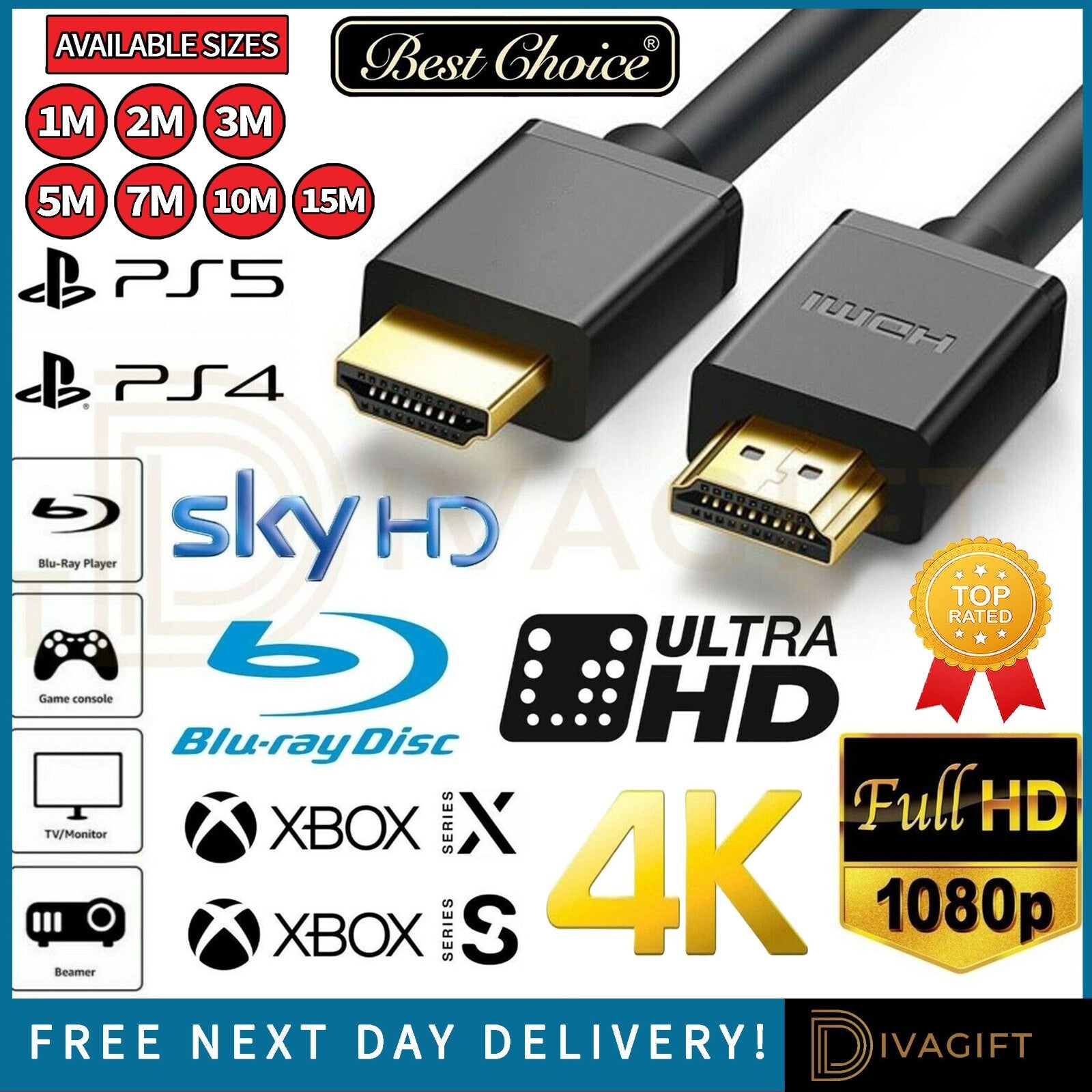 HDMI CABLE HIGH SPEED LEAD HDTV ULTRA UHD 1M 2M 3M 5M 7M 10M 15M PREMIUM 4K 2.0