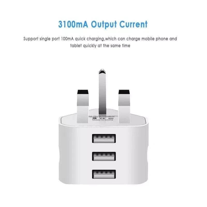 UK 3 Pin Dual USB Plug Adapter Mains Wall Charger 1/2/3-Port For Phones Tablet