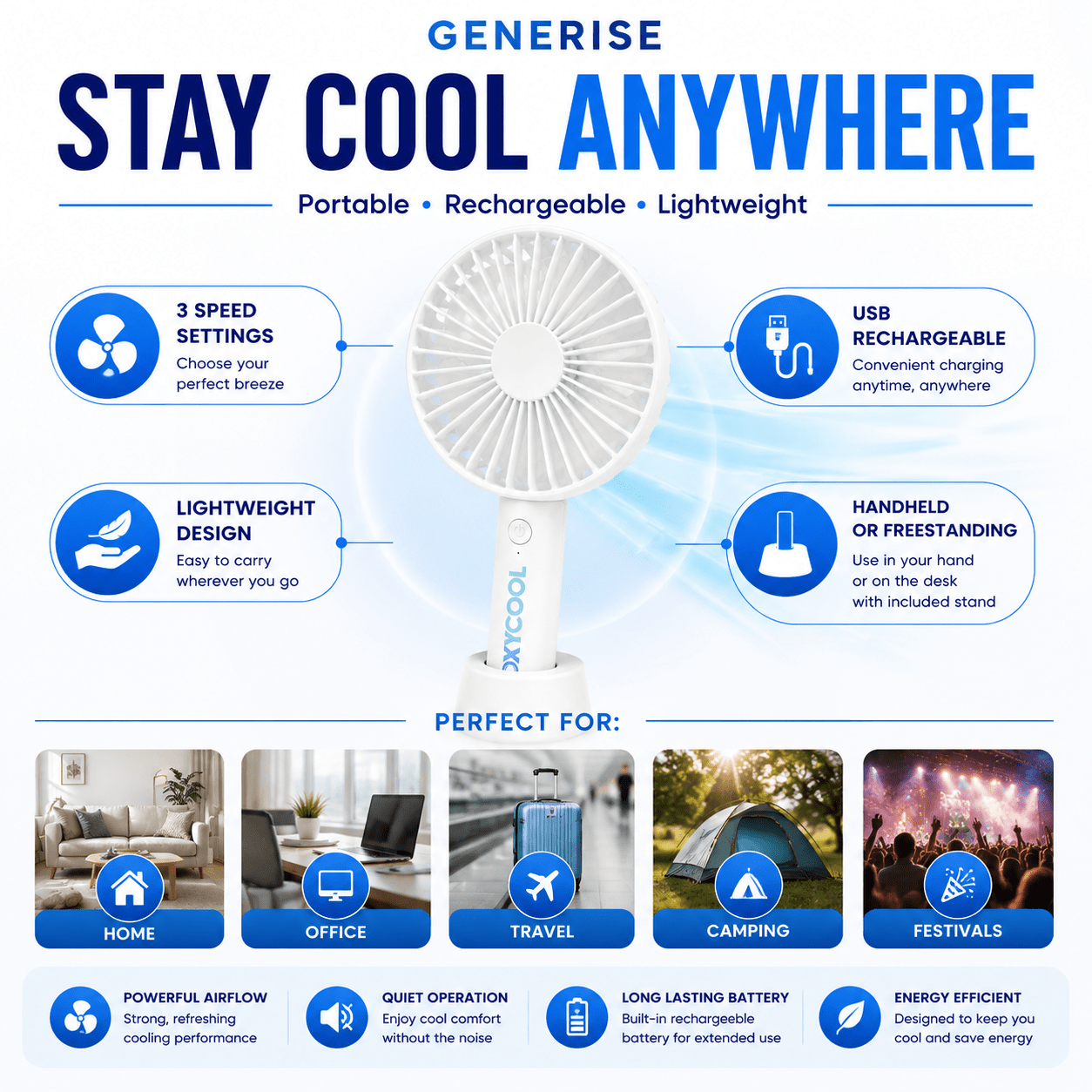 3 Speed Rechargeable Portable Handheld Fan 21cm USB Charging
