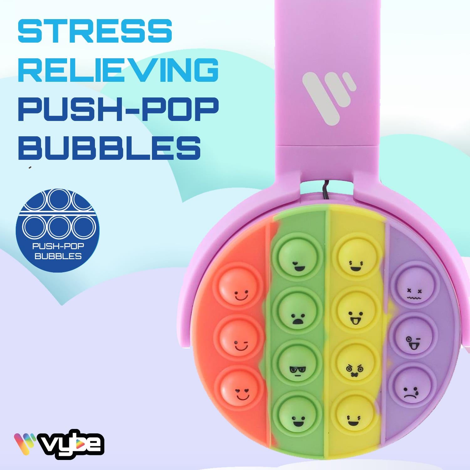 Vybe Kids Wireless Headphones with Push-Pop Fidget Stress Buster Blue or Purple