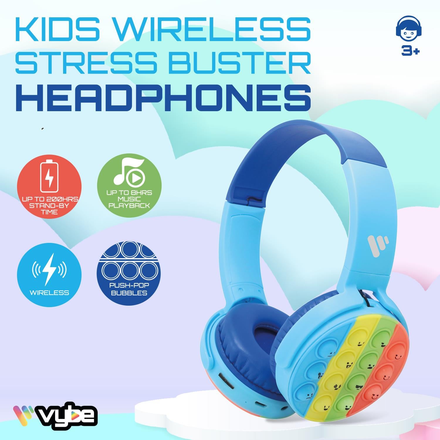 Vybe Kids Wireless Headphones with Push-Pop Fidget Stress Buster Blue or Purple