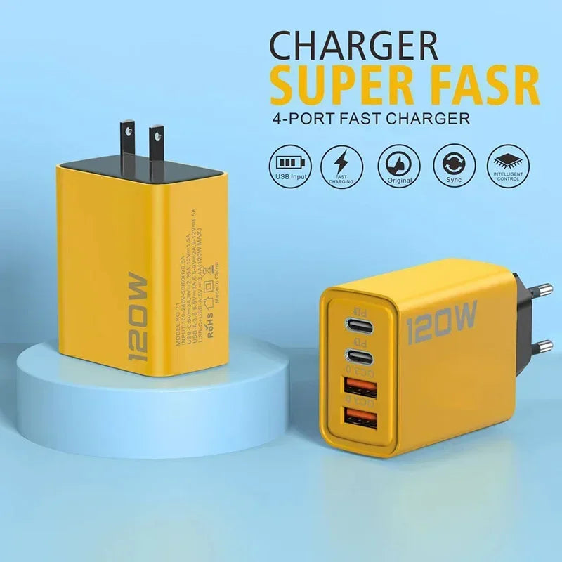 Xiaomi 120W Ultra Fast Charger 4Port USB C PD Quick Charging USB 3.0 Type C EU US Plug Charger For Xiaomi iPhone 15 Pro Max