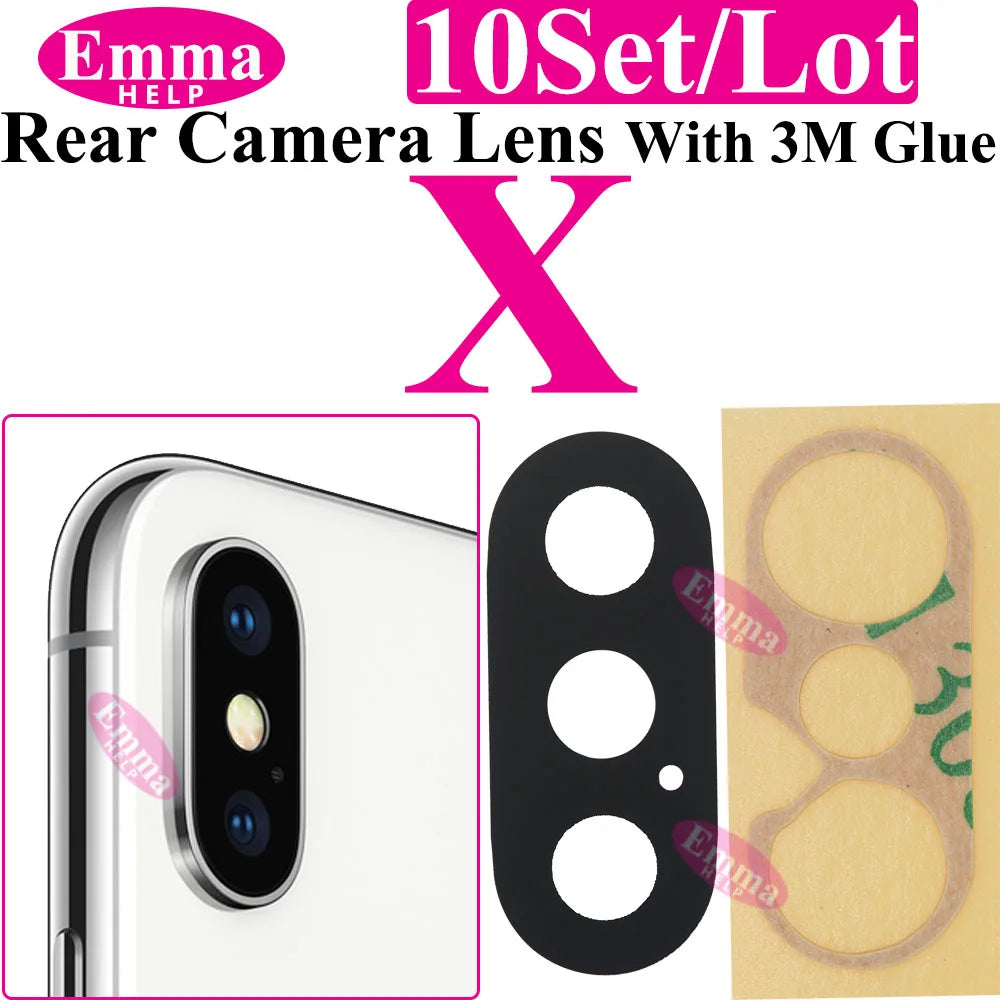 Emmahelp 10pcs A+ Back Camera Glass for iPhone 11 12 13 14 15 Pro Max 13Mini XR XS 14Plus Rear Camera Cover Lens 3M Sticker