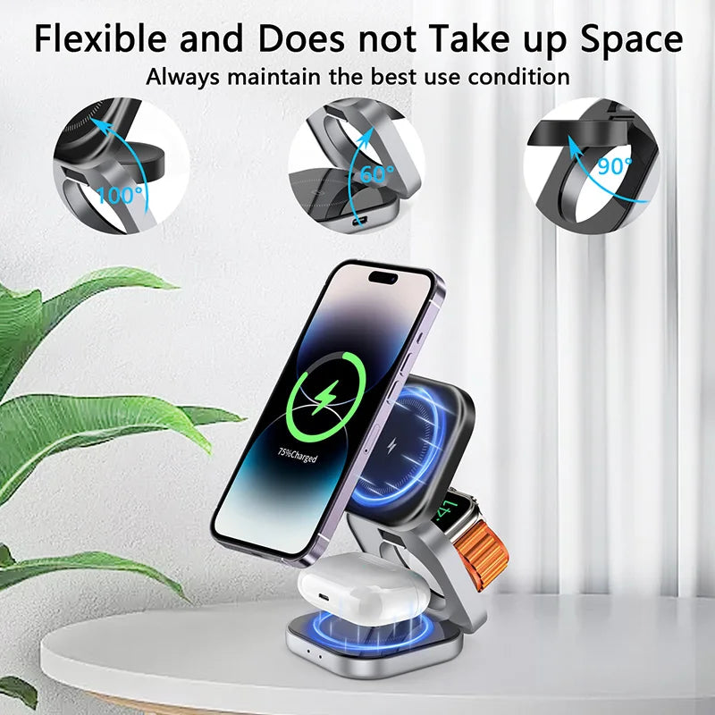 3 In 1 Foldable Magnetic Wireless Charger Stand For iPhone 15 14 13 Pro Max IWatch AirPods