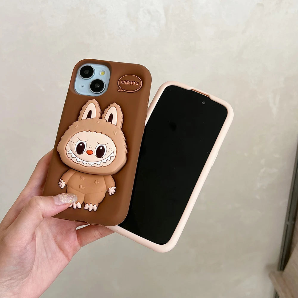 For iPhone 16 15 14 13 12 11 Pro 7 8 Plus X XS Max XR Kawaii 3D Cartoon LaBuBu Monsters Soft Silicone Cover With Holder Case