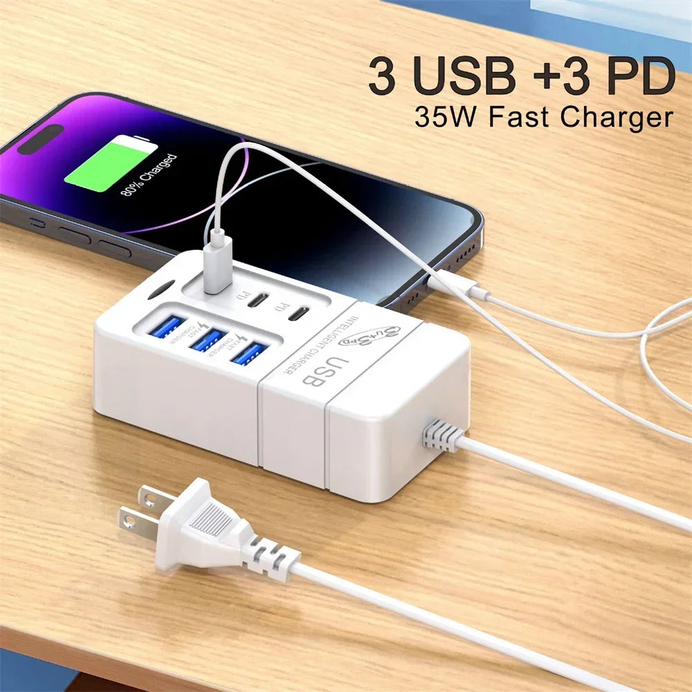 35W USB Power Strip Charger Multi Ports Fast Charging Adapter for Mobile Phone EU/US UK Plug with Type C for Quick Charging