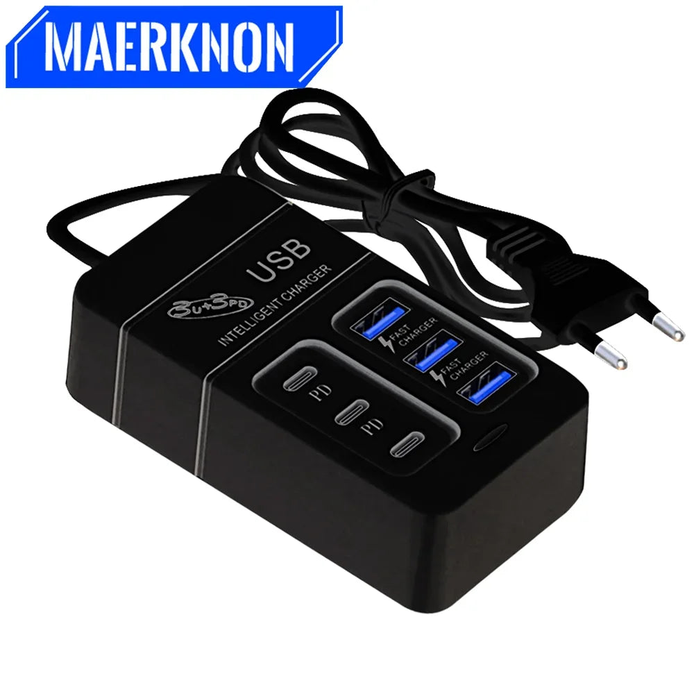 35W USB Power Strip Charger Multi Ports Fast Charging Adapter for Mobile Phone EU/US UK Plug with Type C for Quick Charging
