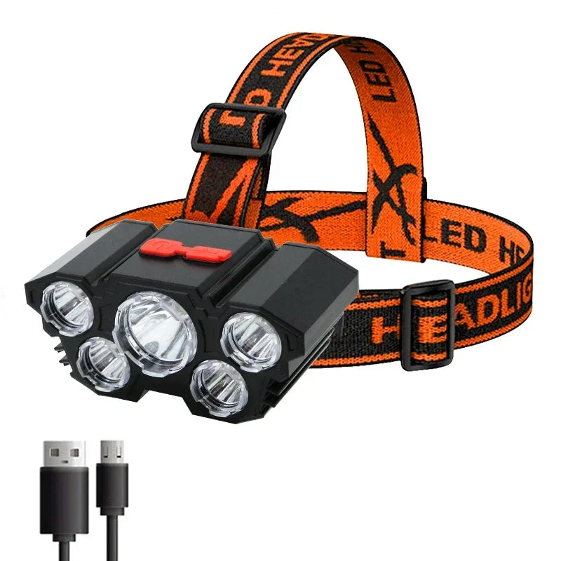 USB Rechargeable 5 LED Headlamp Super Bright Head-Mounted Strong Flashlight Built-in Battery Outdoor Camping Night Fishing Lamp