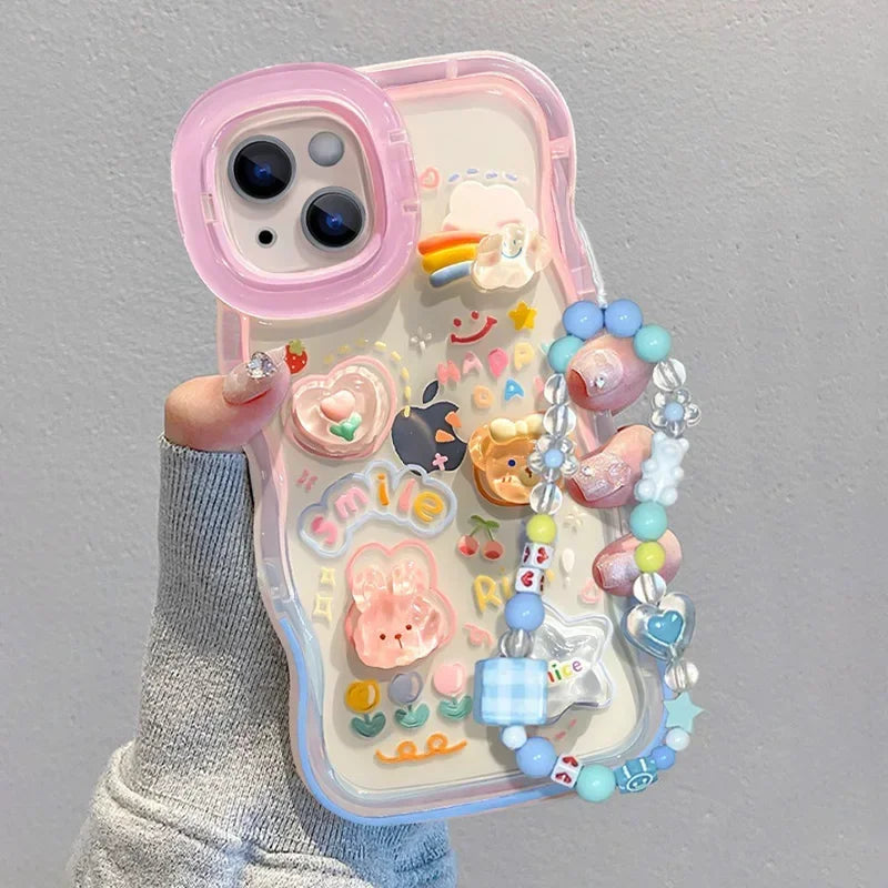 Bead Bracelet Chain Phone Holder Case For iPhone 15 16 14 13 12 11 Pro Max Plus XS XR 3D Rainbow Love Bracket Holder Stand Cover