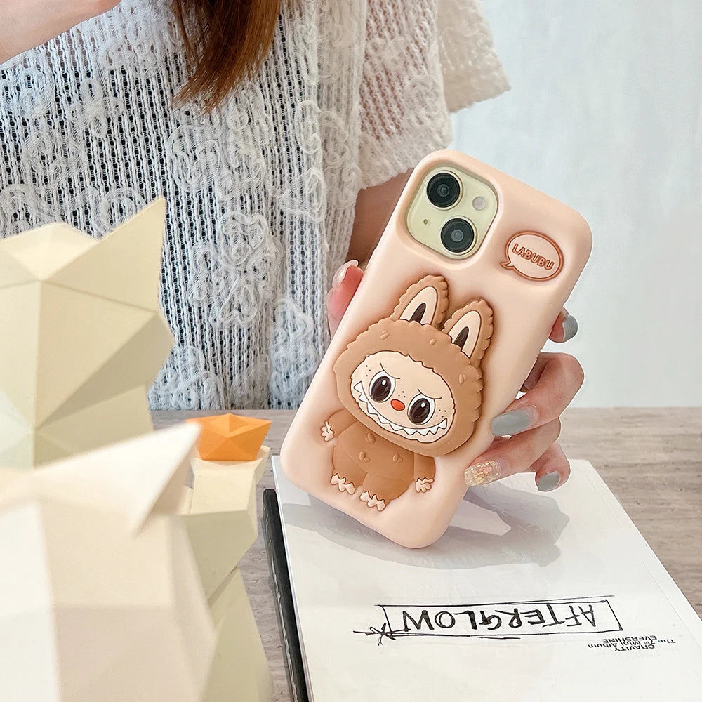 For iPhone 16 15 14 13 12 11 Pro 7 8 Plus X XS Max XR Kawaii 3D Cartoon LaBuBu Monsters Soft Silicone Cover With Holder Case
