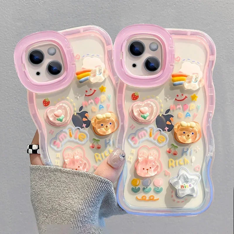 Bead Bracelet Chain Phone Holder Case For iPhone 15 16 14 13 12 11 Pro Max Plus XS XR 3D Rainbow Love Bracket Holder Stand Cover