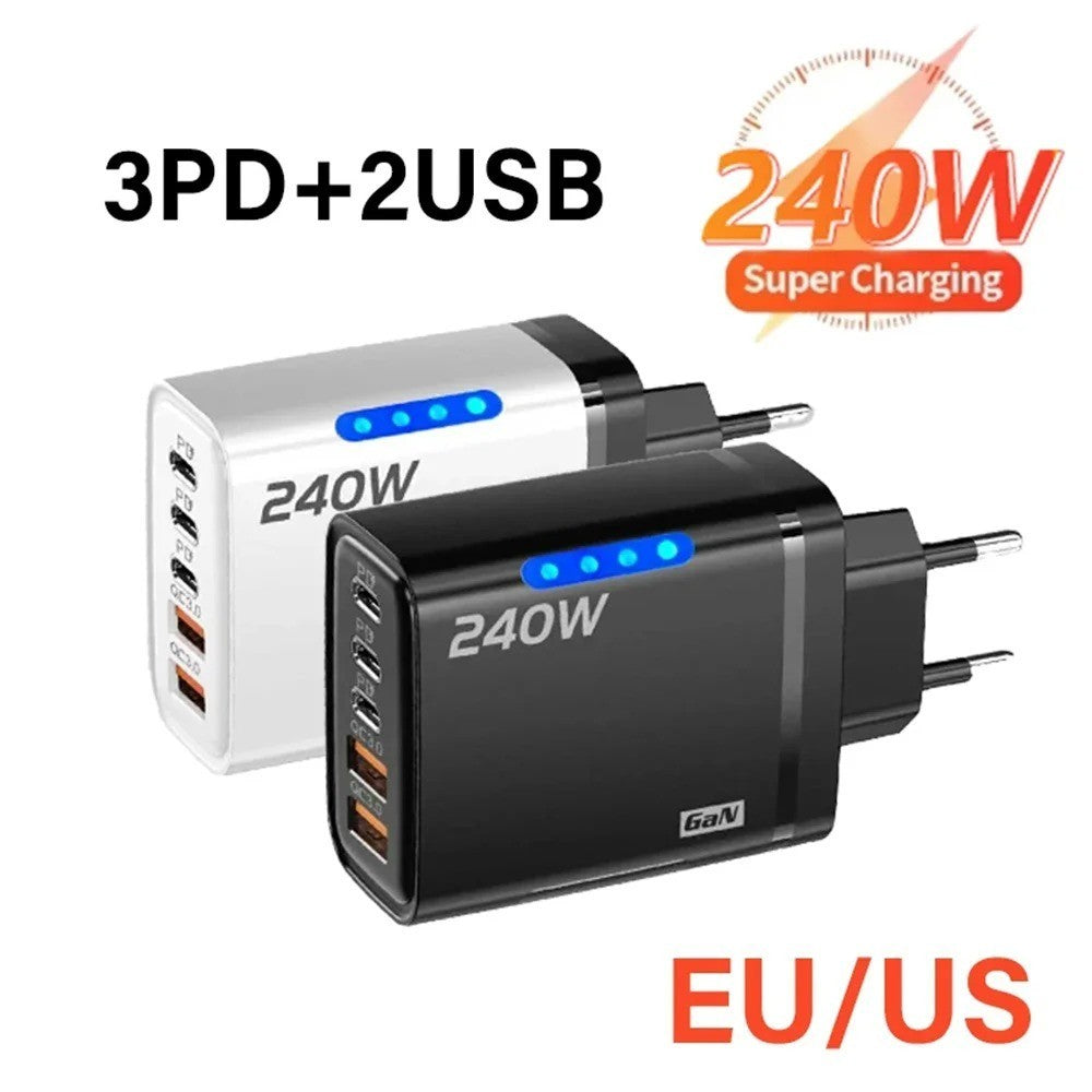 240W Quick Charger UK Plug Fast Wall Charger Power Adapter 5 Port USB PD Type C