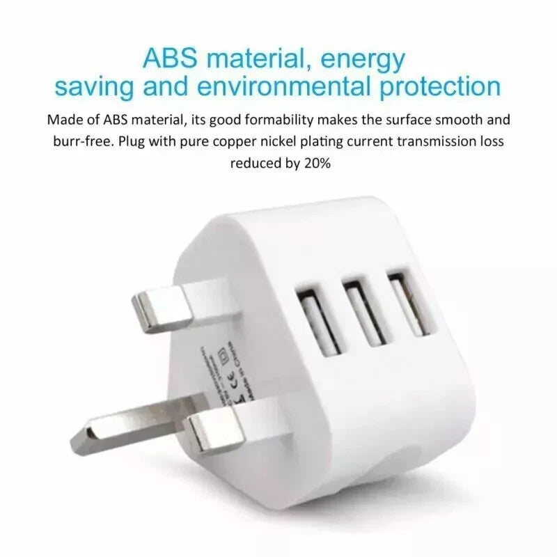 UK 3 Pin Dual USB Plug Adapter Mains Wall Charger 1/2/3-Port For Phones Tablet