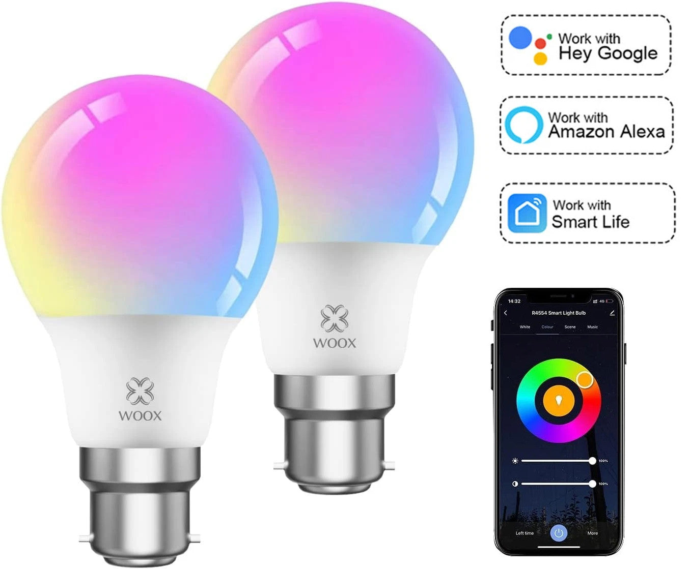 B22 WiFi Colour Changing Smart Light Bulbs RGB Amazon Alexa Tuya Google - 2 Pack