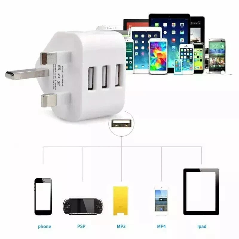 UK 3 Pin Dual USB Plug Adapter Mains Wall Charger 1/2/3-Port For Phones Tablet