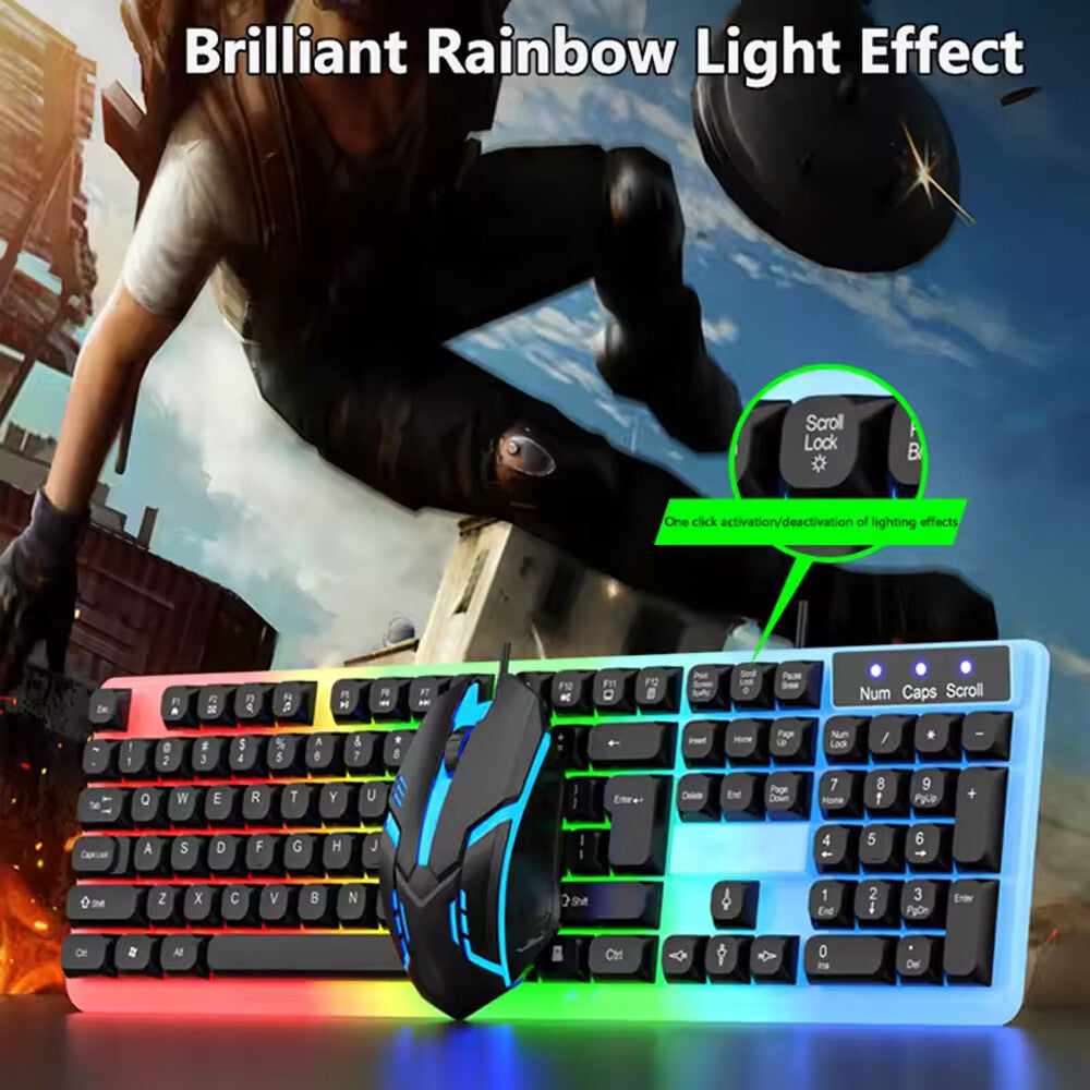 Gaming Keyboard Mouse Set USB Rainbow RGB LED Wired For PC Laptop PS5 X-box One