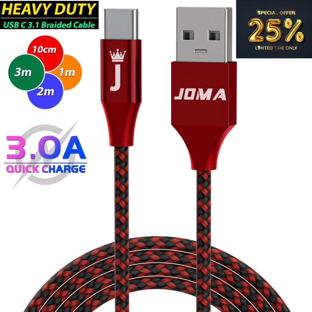 USB A to Type C Cable 3A 60W Fast Charger Braided Long Lead 0.25M 1M 2M 3M