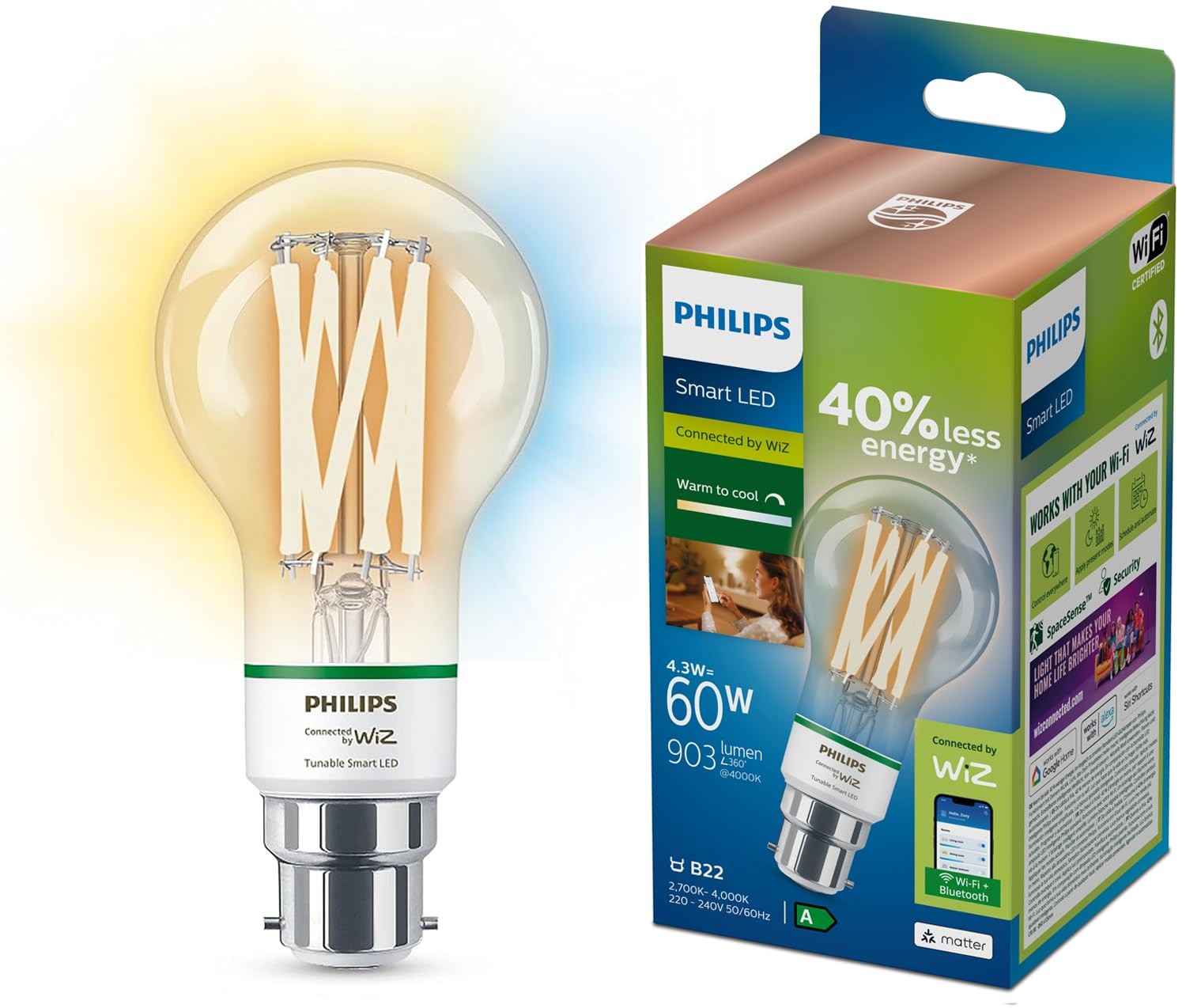 Philips Smart WiZ Connected LED Light Bulb B22 Dimmable Cool & Warm - A Rated