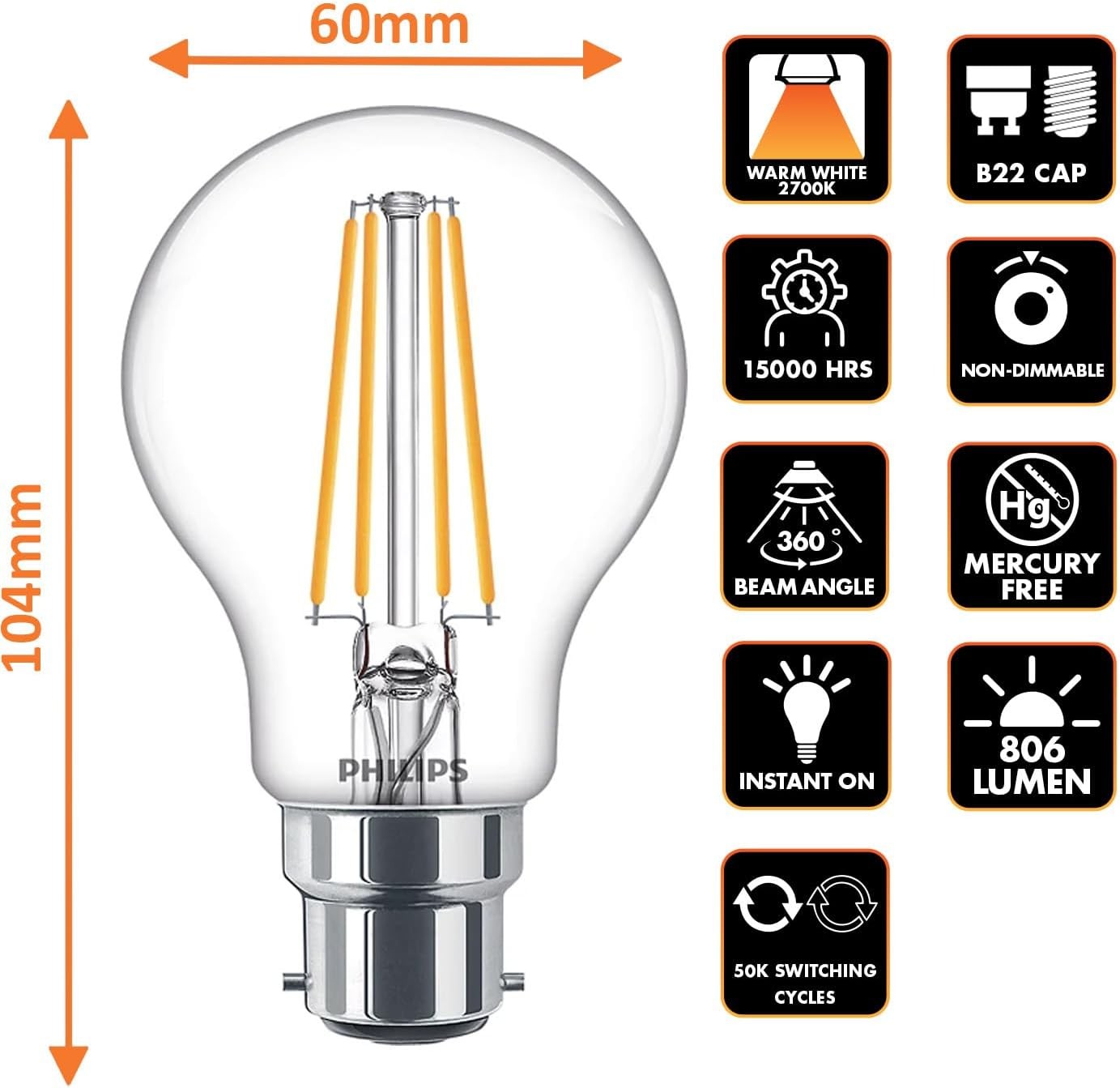 Philips B22 Clear Filament LED Bulbs 7W 806 Lumens Warm White 2700K 3 Pack