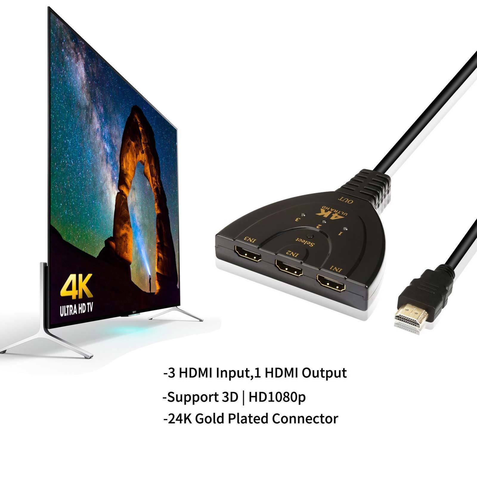 3 Port Multi Switch Splitter HDMI Cable Box Hub Switcher LCD Hdtv Ps3 Xbox 4k 2k